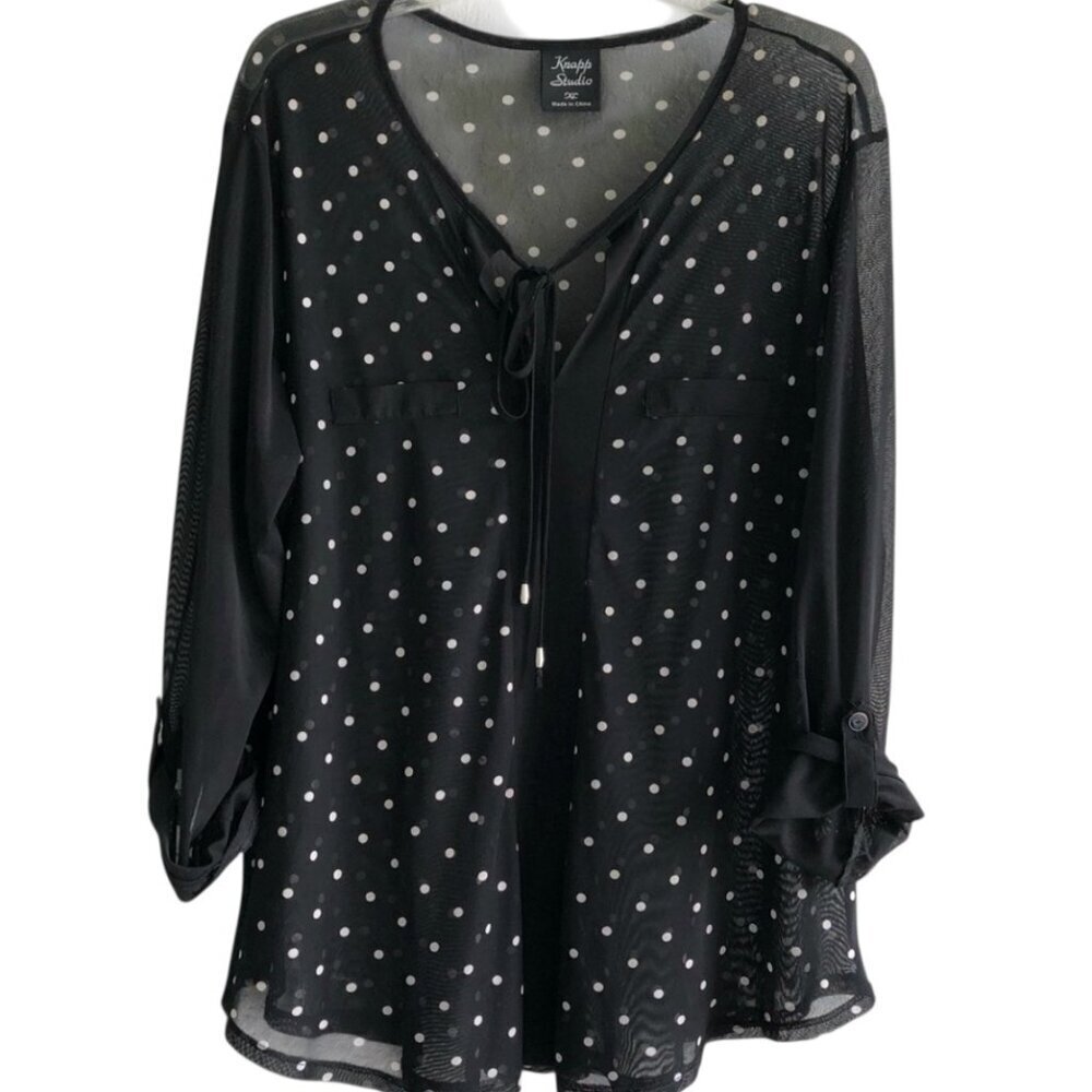 Knapp Studio Sheer Top Polka Dot Roll Tab Sleeve XL Black‎ 76P